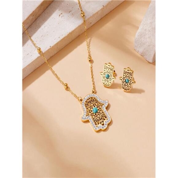 1set Gold-Plated Hamsa Hand Turquoise Pendant Necklace Set - Picture 2 of 5